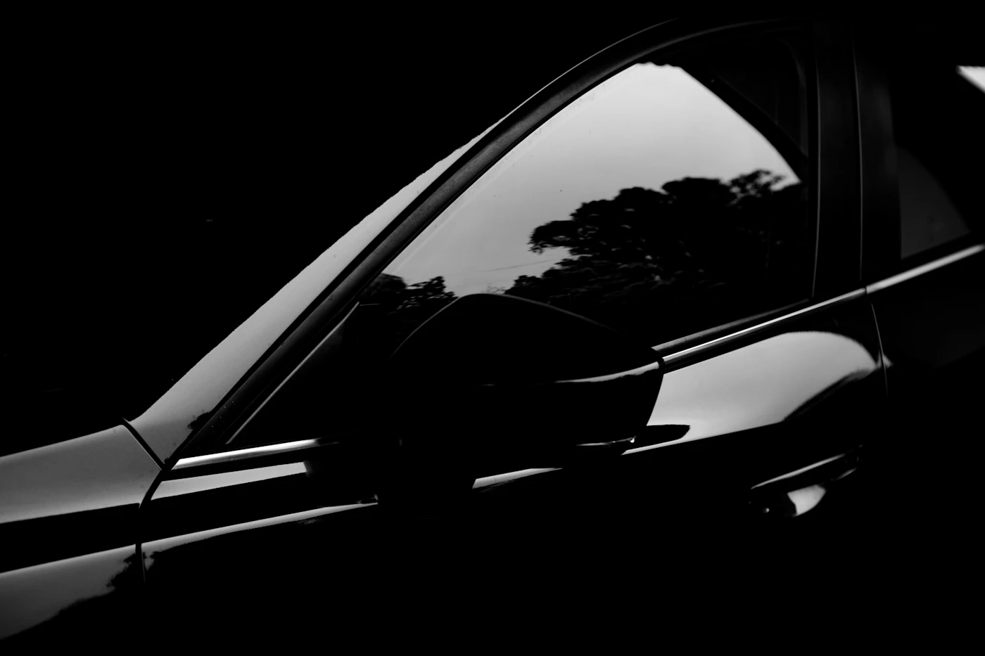 Detalle en blanco y negro de la carrocería de un vehículo oscuro